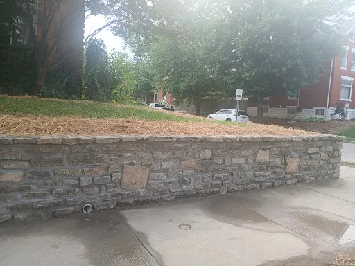 Low stone retaining wall along a sidewalk
